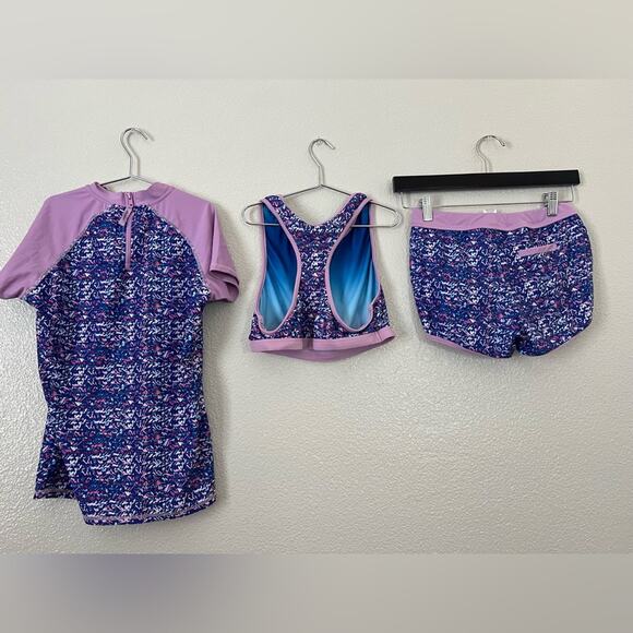 Eddie Bauer Girls Rashguard Swim Set purple print short sleeve shorts - Picture 2 of 3